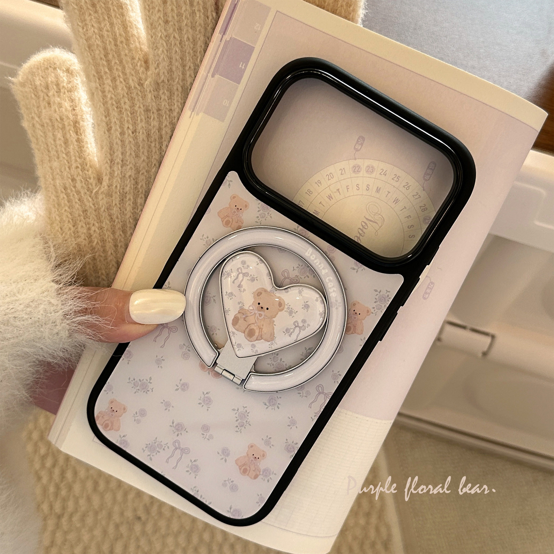 颜值适用iphone17pm苹果16pro手机壳紫色碎花小熊14/15磁吸支架