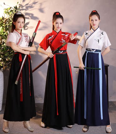 汉服女中国风交领齐腰武侠风清新汉服学生男女餐饮工作服夏季短袖