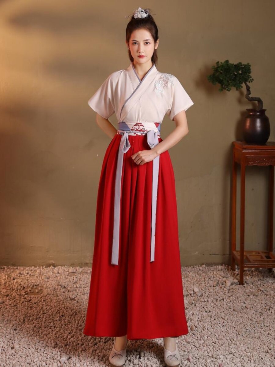 HANFU 여성 중국 스타일 크로스 칼라 허리 길이 무술 스타일 신선한 HANFU 학생 남성 및 여성 케이터링 작업복 여름 반팔