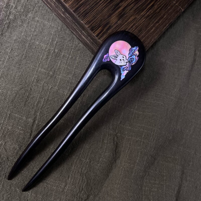 非遗手工彩绘古典螺钿檀木簪子玉兔揽月直U型盘发簪神器古风发钗,饰品/流行首饰/时尚饰品新,发饰,淘宝优惠券,粉丝福利购,淘宝优惠卷