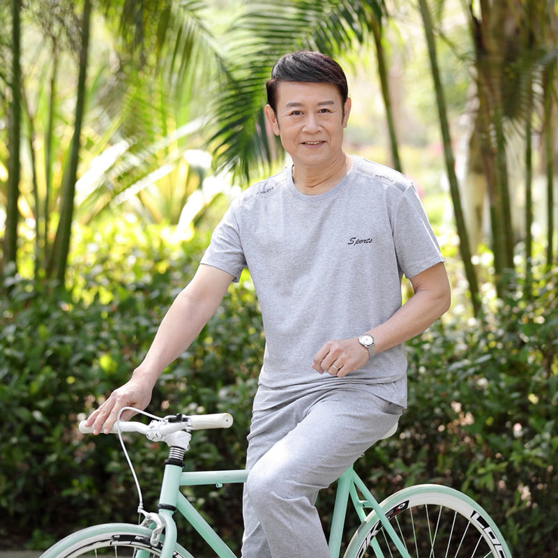 父亲40岁男人穿的夏天纯棉绵运动服套装五十岁穿50锻炼夜跑步衣服