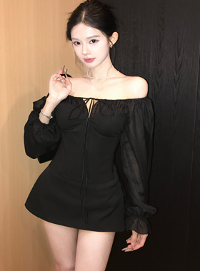 Cz纯子【约会】透肌性感黑色显瘦鱼骨定型收腰宫廷上衣女