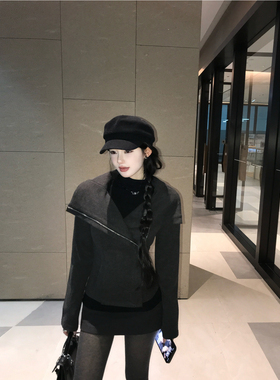 Cz纯子韩系灰色不规则拉链外套女辣妹修身开衫外套