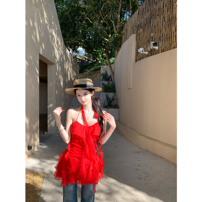 甜辣妹挂脖式红色蓬蓬短裙女