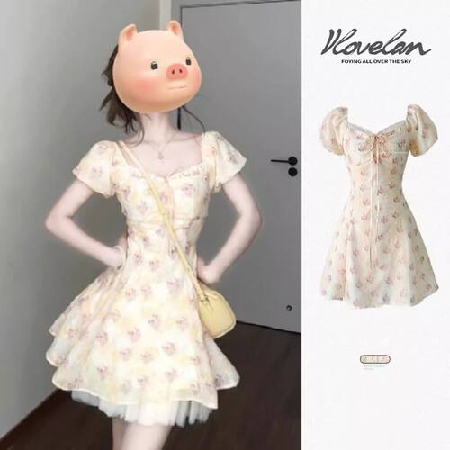 法式方领碎花蓬蓬短裙女