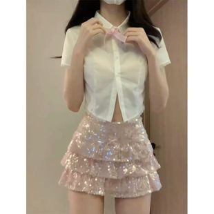 蕾丝边蝴蝶结显瘦甜美短款 女 衬衫 粉色亮片低腰短裙蛋糕裙两件套装