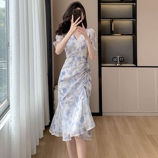 碎花雪纺小个子收腰显瘦气质甜美仙女薄款 2024夏新款 中长连衣裙潮