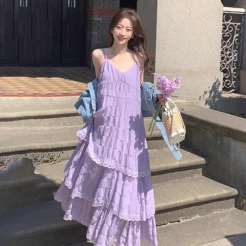法式纯欲感紫色吊带连衣裙女夏高级感小个子海边度假蛋糕裙长裙