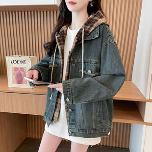 洋气复古牛仔外套女2026春装新款初中高中学生少女假两件夹克上衣