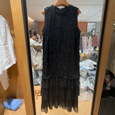 欧洲站2026春季新款重工亮片无袖连衣裙拼接假两件蛋糕裙77831