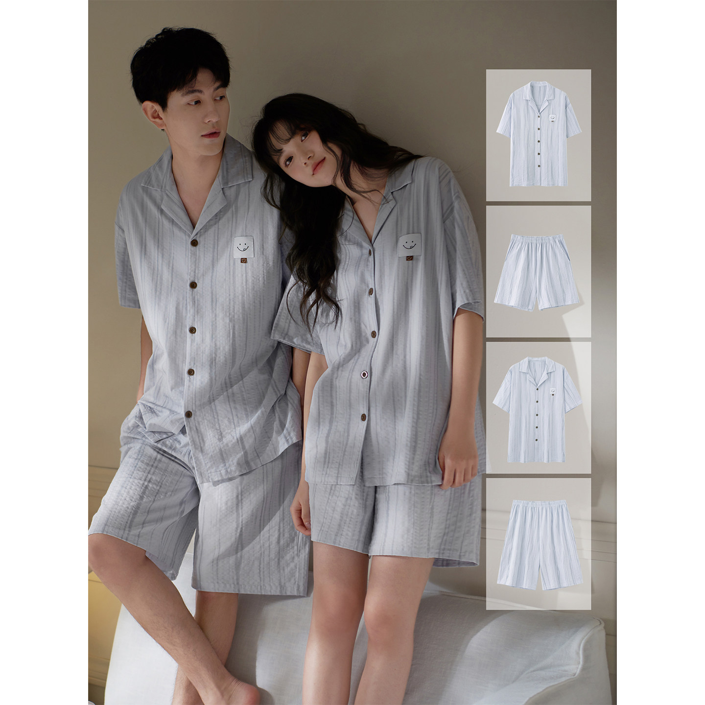 思莉太太情侣睡衣女夏季纯棉薄款宽松大码男士青少年初中生家居服