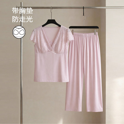 思莉太太带胸垫睡衣女士夏季莫代尔纯欲蕾丝法式中年妈妈款家居服