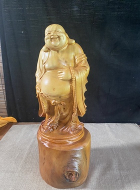 老花樟木雕弥勒佛摆件香樟木笑佛根雕工艺品家居客厅装饰供奉佛像
