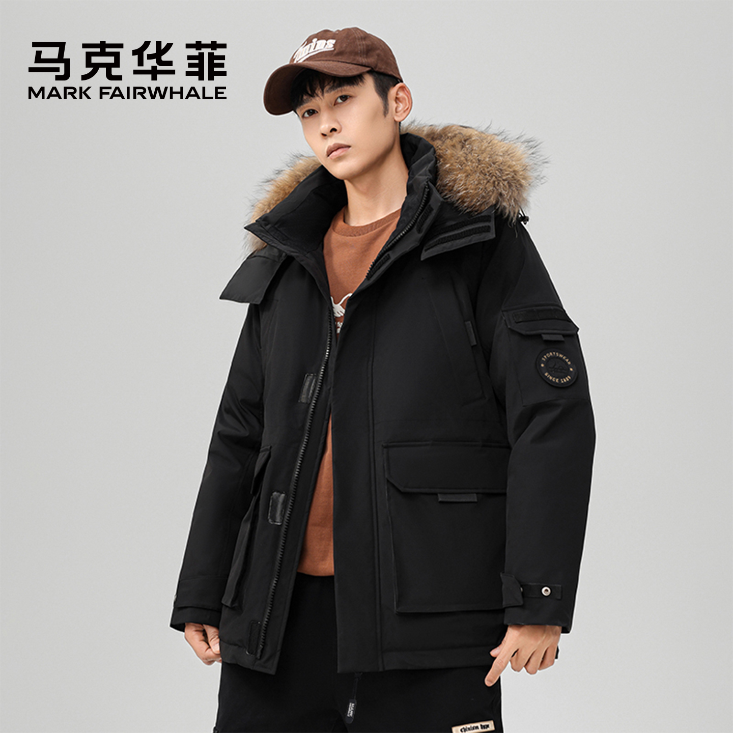 马克华菲男士冬季保暖潮流毛领羽绒服时尚百搭连帽休闲户外多口袋