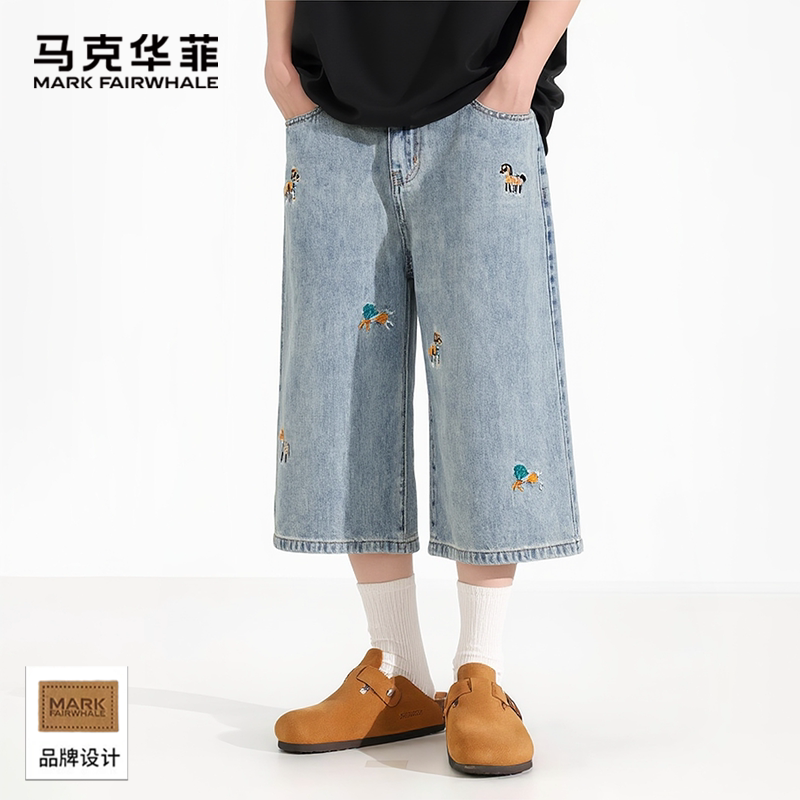 马克华菲牛仔七分裤男款夏宽松运动天丝薄款水洗阔腿直筒休闲中裤图片