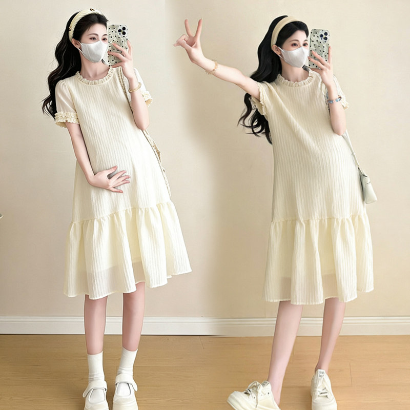 孕妇裙子夏装小清新洋气减龄宽松显瘦潮妈过膝长裙夏季薄款连衣裙