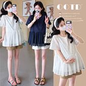 夏装 夏季 刺绣拼接雪纺甜美宽松娃娃衫 托腹短裤 两件套 上衣 孕妇装