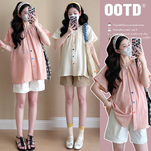 夏装 夏季 怀孕期宽松遮肚薄款 托腹短裤 减龄两件套 衬衫 2026孕妇装