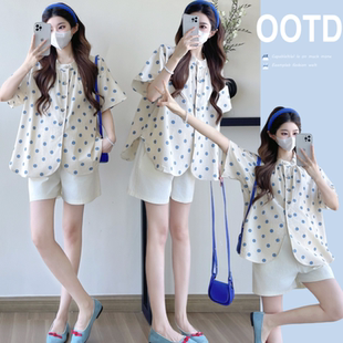 夏装 慵懒风薄款 怀孕期大码 夏季 上衣 宽松遮肚波点娃娃衫 2026孕妇装