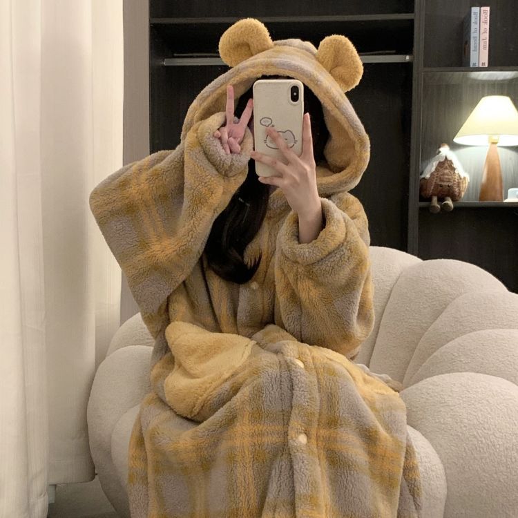 加绒加厚可爱格纹熊珊瑚绒睡衣女