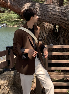 焦糖色休闲西装外套男痞帅宽松轻熟垫肩男士西服韩版潮流春秋百搭