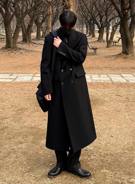 秋冬男款毛呢大衣男长款过膝宽松双排扣韩版呢子风衣外套冬季加厚