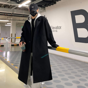 冬季加厚毛呢大衣男款秋冬宽松韩版青年风衣外套男中长款两侧开衩