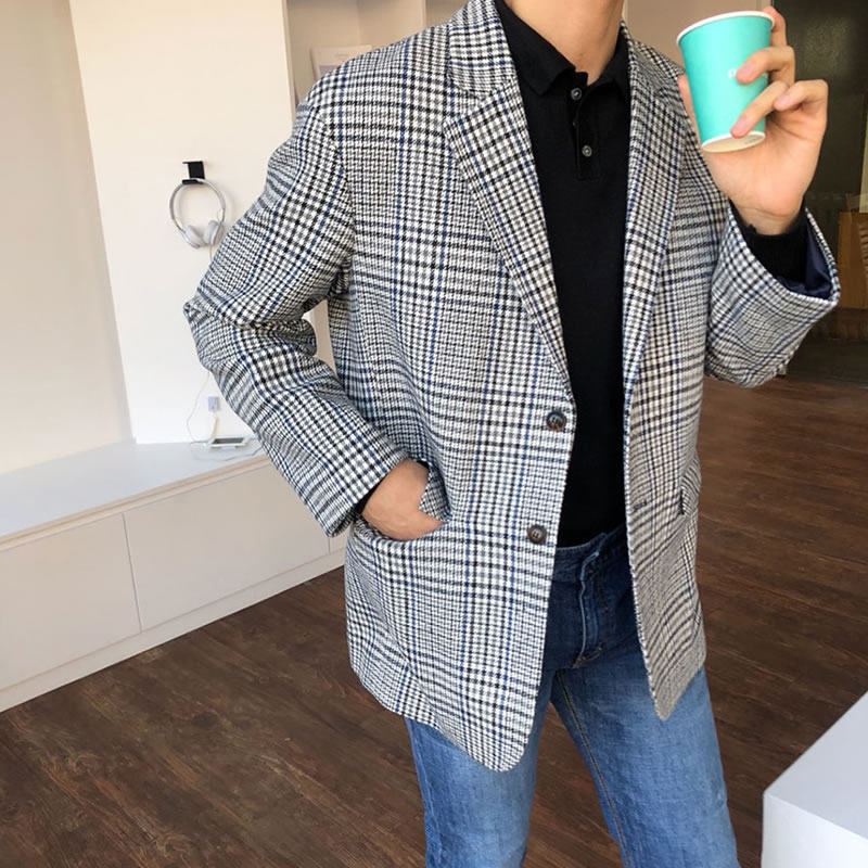 秋冬格子毛呢西装男外套复古韩版宽松英伦风呢子大衣男士短款冬季