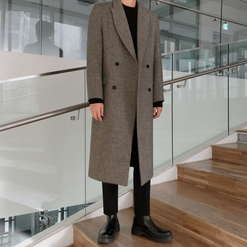 人字纹羊毛大衣男中长款双排扣冬季厚人字呢男士秋冬毛呢外套