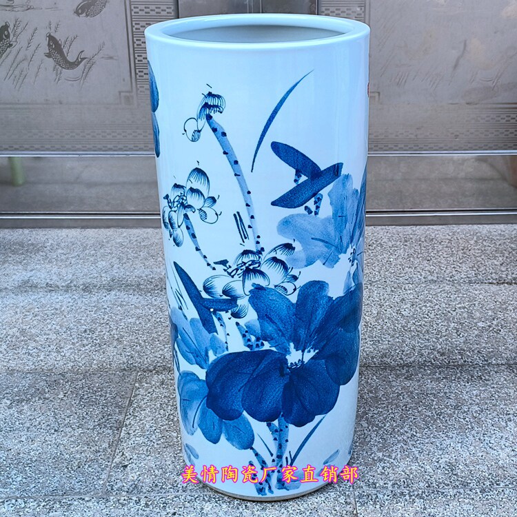 景德镇陶瓷青花瓷荷花直筒大号花瓶字画筒卷轴缸落地雨伞筒插花缸