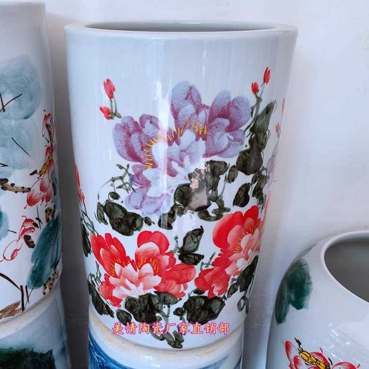 景德镇陶瓷器手绘牡丹字画筒卷轴缸落地大号花瓶宣纸桶雨伞收纳筒