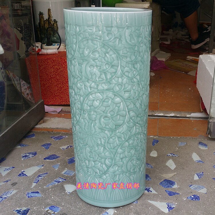 景德镇陶瓷器影青釉雕刻缠枝莲落地大花瓶字画筒卷轴缸落地雨伞筒