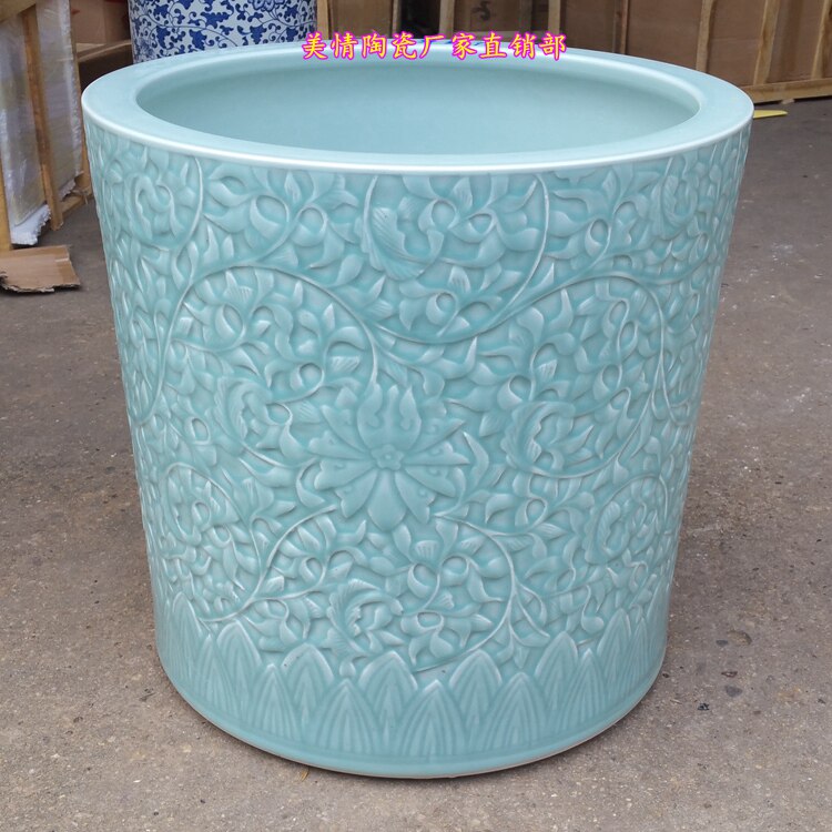 景德镇陶瓷器影青釉雕刻缠枝莲落地大花瓶青瓷字画筒卷轴缸宣纸桶