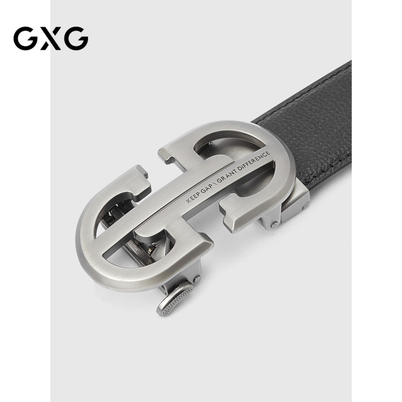 GXG通勤皮带潮流双字母扣头男士皮带商务休闲黑色裤带送礼