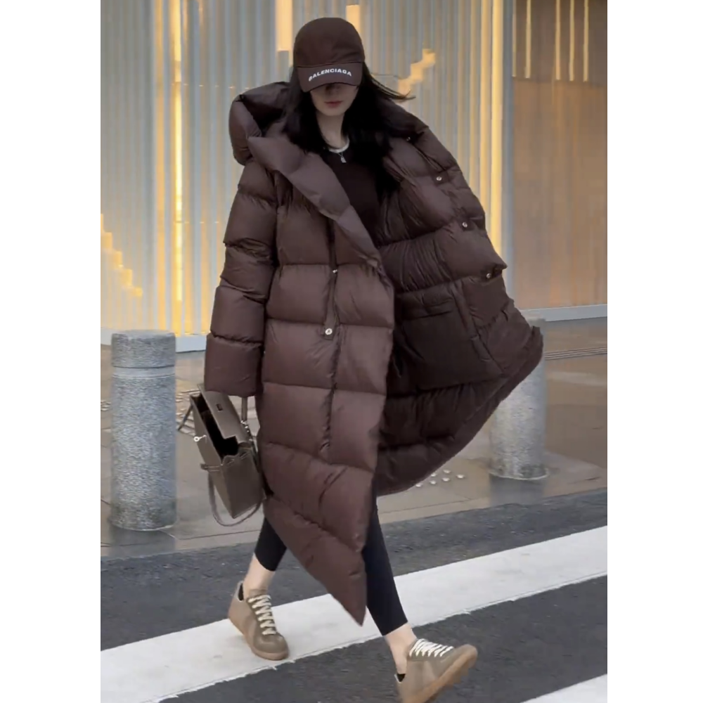 中长款过膝连帽白鸭绒羽绒服冬季