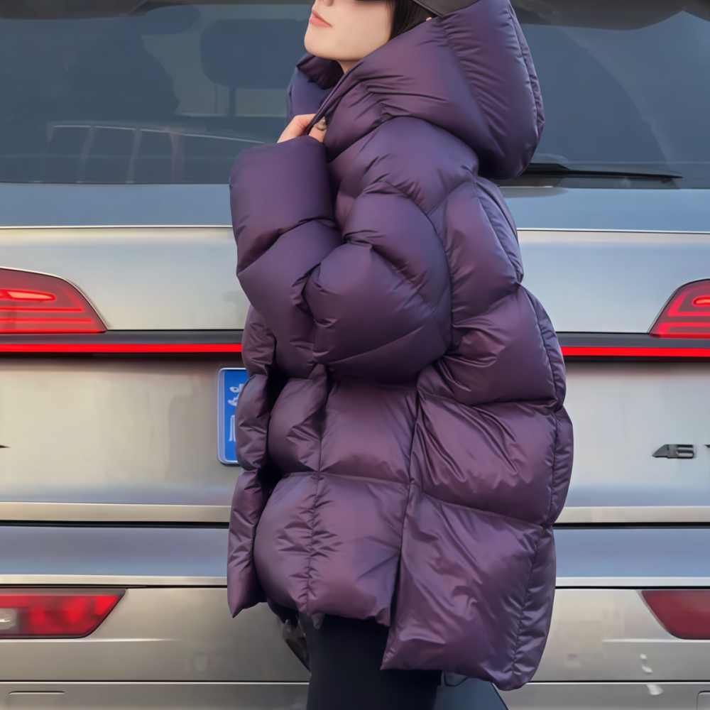 2025年冬季新款韩系设计感小众轻奢风小众中长款紫色连帽羽绒服女