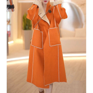 高端过膝减龄呢子外套2025年新款秋冬季橙色中长款双面羊绒大衣女