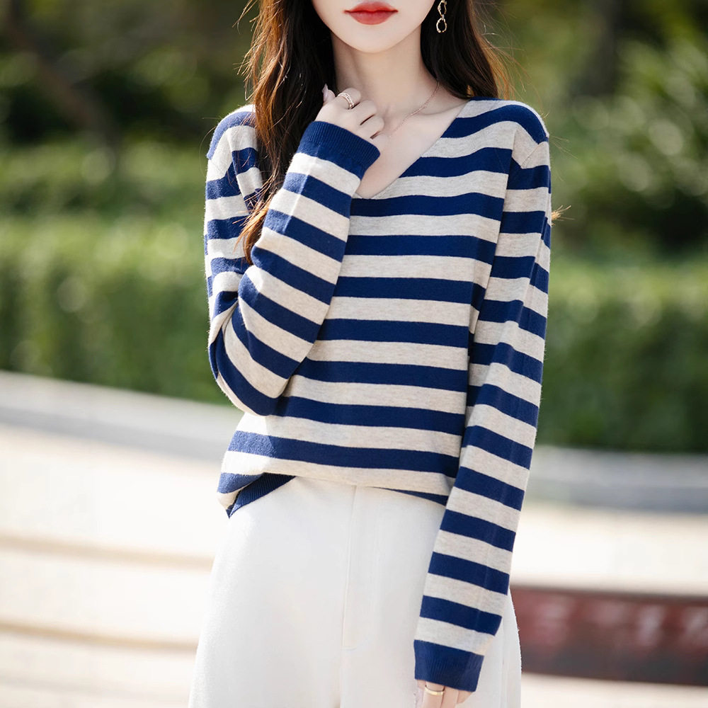 V领套头春季跨境打底衫感长袖2025设计女针织衫宽松条纹法式毛衣,女装/女士精品,毛针织衫,淘宝优惠券,粉丝福利购,淘宝优惠卷