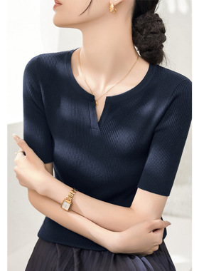 2025年新款简约修身气质打底衫显瘦夏季薄款V领百搭短袖女装T恤