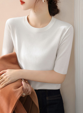 2025秋季新款白色宽松显瘦五分袖针织衫圆领毛衣韩系内搭打底上衣