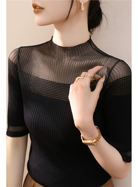 早秋季薄款蕾丝镂空内搭打底上衣法式黑色羊毛半高领修身针织衫女