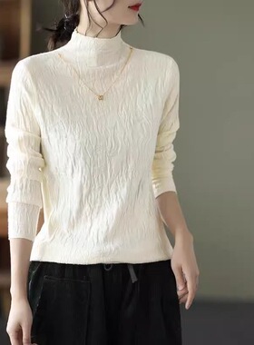 2024秋冬新款纯色针织衫文艺复古螺纹长袖半高领毛衣打底衫上衣女