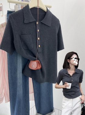 法式高级感polo领半开式纽扣设计短袖t恤女装夏季新款针织衫上衣