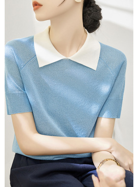 浅蓝色POLO领宽松显瘦短袖针织衫夏季新款拼色翻领气质T恤上衣女