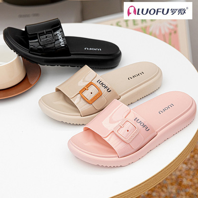 罗敷新款小香风一字方扣拖鞋韩版纯色厚底居家室内平跟外穿沙滩鞋