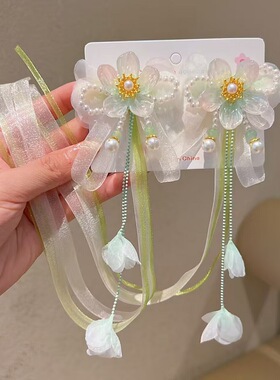 绿色公主儿童古风发饰流苏复古宝宝发夹中国风汉服古装飘带对夹女