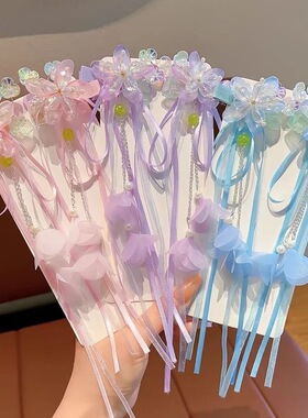 儿童古风汉服头饰手工步摇饰品花朵复古飘带古装发夹双马尾女孩