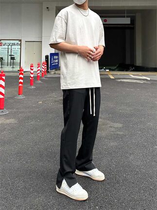 Clean Fit 利落混纺西裤脚口开叉宽松百搭直筒长裤中腰垂感休闲裤
