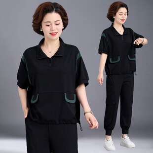 中年胖妈妈夏装运动套装洋气大码中老年女夏季上衣服两件套