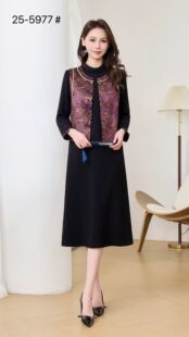 妈妈春装中式国风两件套裙洋气马甲中老年女春秋季长袖气质连衣裙